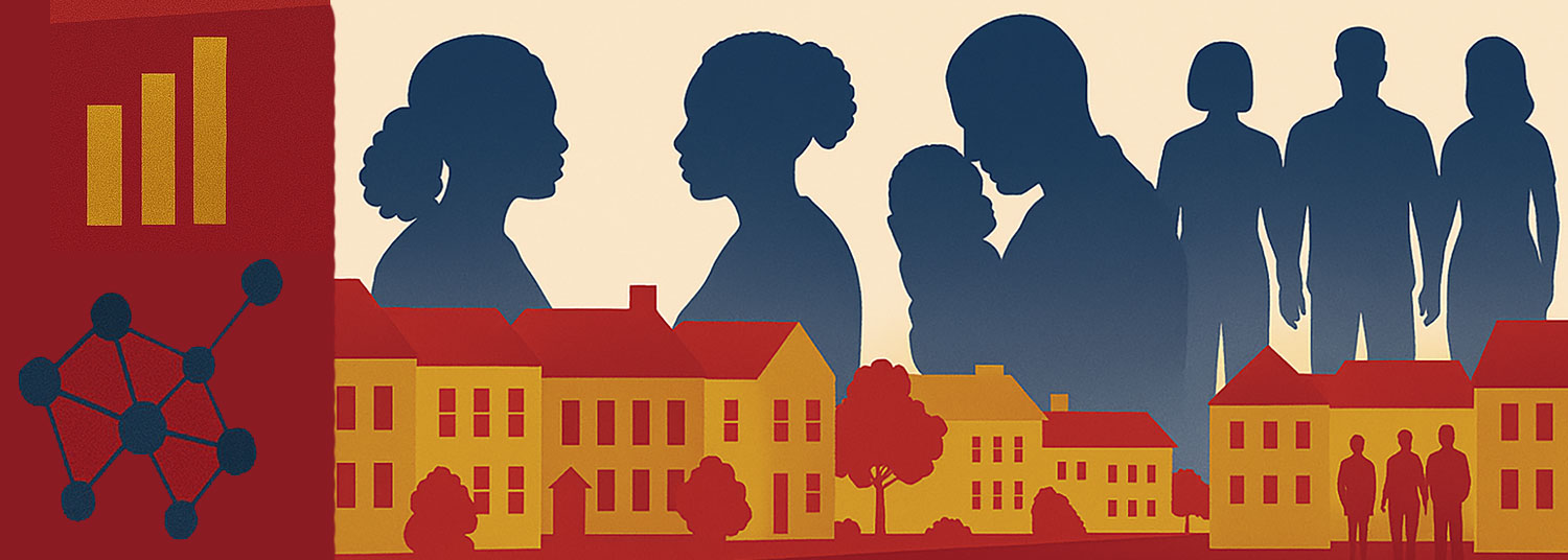 Silhouette of people and houses
