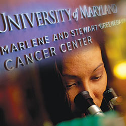 Scientist looking into microscope with UM Greenebaum Cancer Center logo on top of graphic