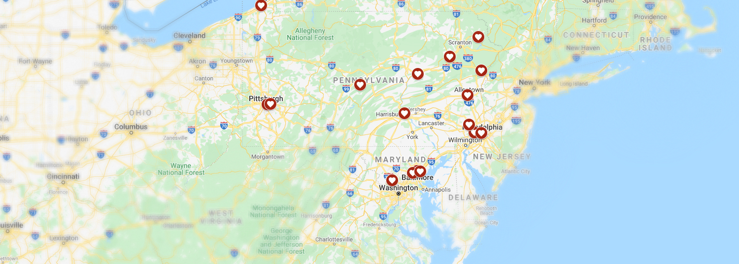 Map of treatment locations in Maryland and Pennsylvania